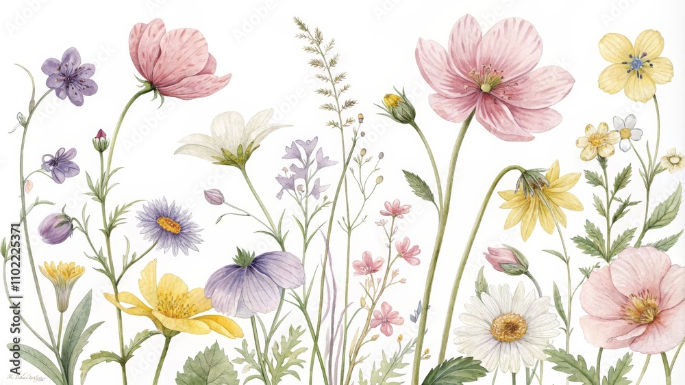 custom made wallpaper toronto digitalWatercolor Botanical Illustration of Wildflowers on White Background, Watercolor, Botanical, Flower