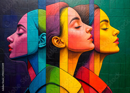 Colorful abstract representation of three women symbolizing feminism, empowerment, and class struggle.  ..
