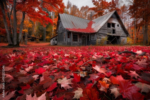 A rustic, abandoned cabin is surrounded by vibrant red and orange autumn leaves, creating a serene yet nostalgic atmosphere, Ideal for fall-themed projects, nature blogs, or rustic decor concepts, photo