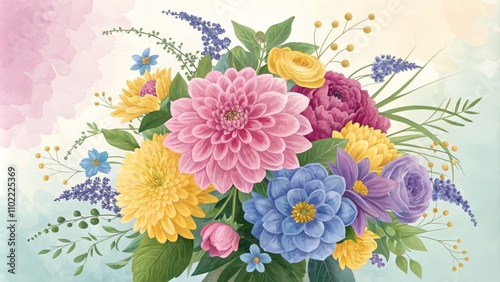 Watercolor Bouquet of Pink, Yellow and Blue Flowers, Watercolor Background, Floral Art, Botanical Art, Flowers