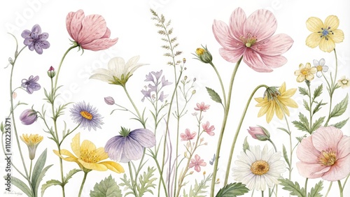 Wallpaper Mural Watercolor Botanical Illustration of Wildflowers on White Background, Watercolor, Botanical, Flower Torontodigital.ca