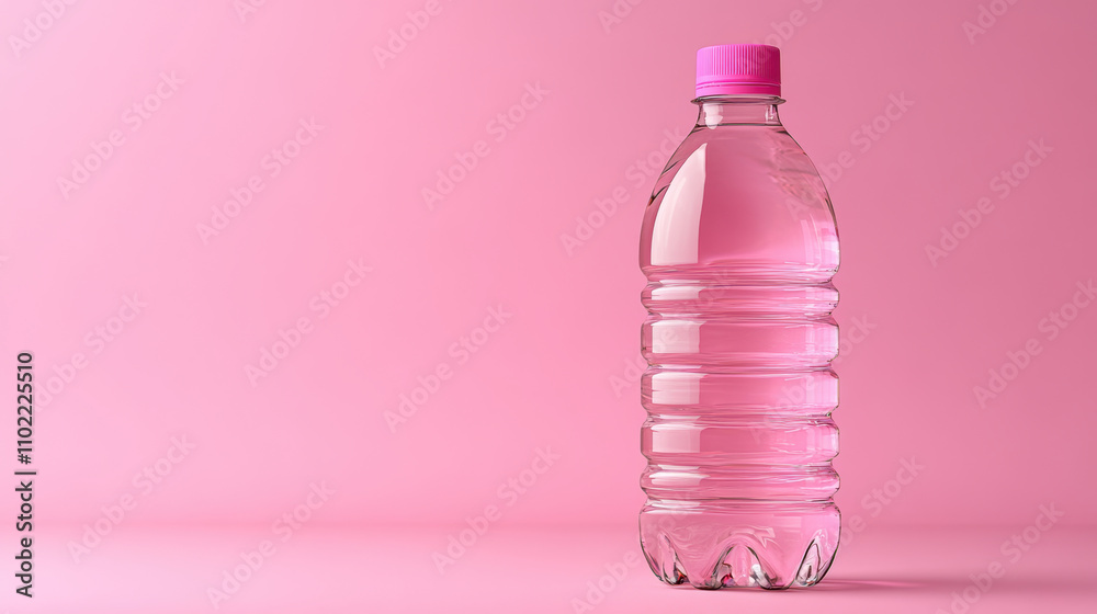 clear water bottle with pink cap stands against soft pink background, creating refreshing and vibrant look. Perfect for hydration and wellness clear water bottle with pink cap stands against soft pink background, creating refreshing and vibrant look. Perfect for hydration and wellness