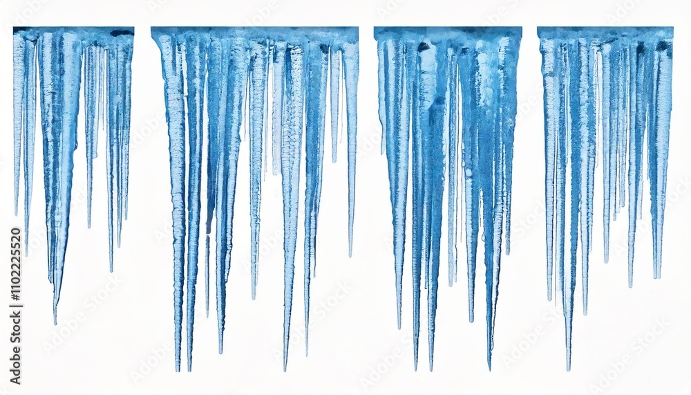 A set of shimmering blue ice icicles, each with intricate details, isolated on a white background A set of shimmering blue ice icicles, each with intricate details, isolated on a white background