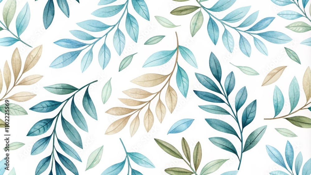 Fototapeta premium Watercolor Blue and Green Leaves Seamless Pattern, foliage, botanical , seamless pattern