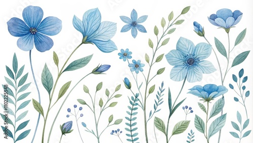 Watercolor Blue Floral Arrangement with Green Foliage, Floral Design, Botanical Illustration, Blue Flowers, Watercolor Painting ,floral design, botanical illustration