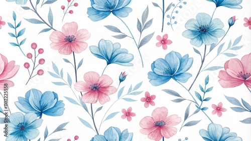 Watercolor Blue and Pink Floral Seamless Pattern, flower, floral, seamless, pattern