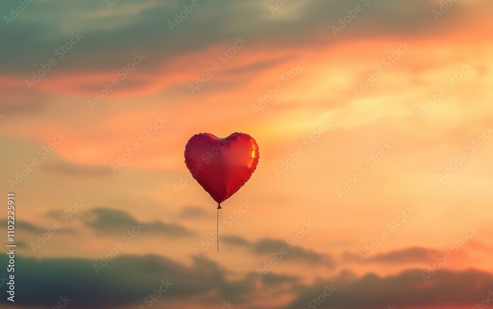 Fototapeta premium A heart-shaped balloon floating in the air, with a sunset sky as the backdrop, warm and soft colors