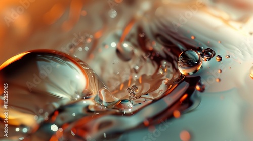 Abstract liquid with golden hues 3d rendering image. Macro shot of fluid floating bubbles with orange tones background wallpaper colorful realistic. Elegance and motion concept idea