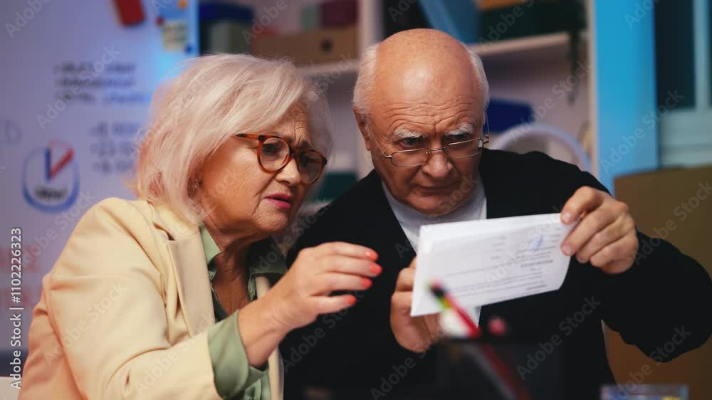 Senior entrepreneur couple reads a letter, winning a business grant, success Senior entrepreneur couple reads a letter, winning a business grant, success