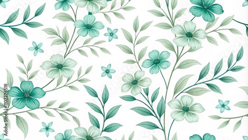 Seamless Pattern of Green Flowers and Leaves on White Background, floral pattern, botanical art