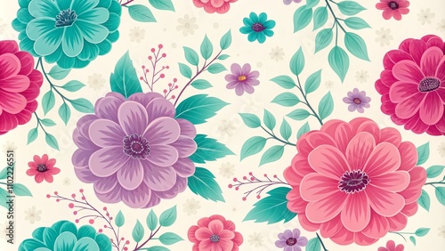 Seamless Floral Pattern with Pink, Purple, Teal Flowers and Green Leaves, Floral Pattern, Floral Background