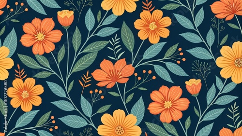 Wallpaper Mural Seamless Floral Pattern with Orange and Yellow Flowers on Dark Blue Background, vector, illustration, floral pattern, seamless pattern , flower design, background pattern Torontodigital.ca