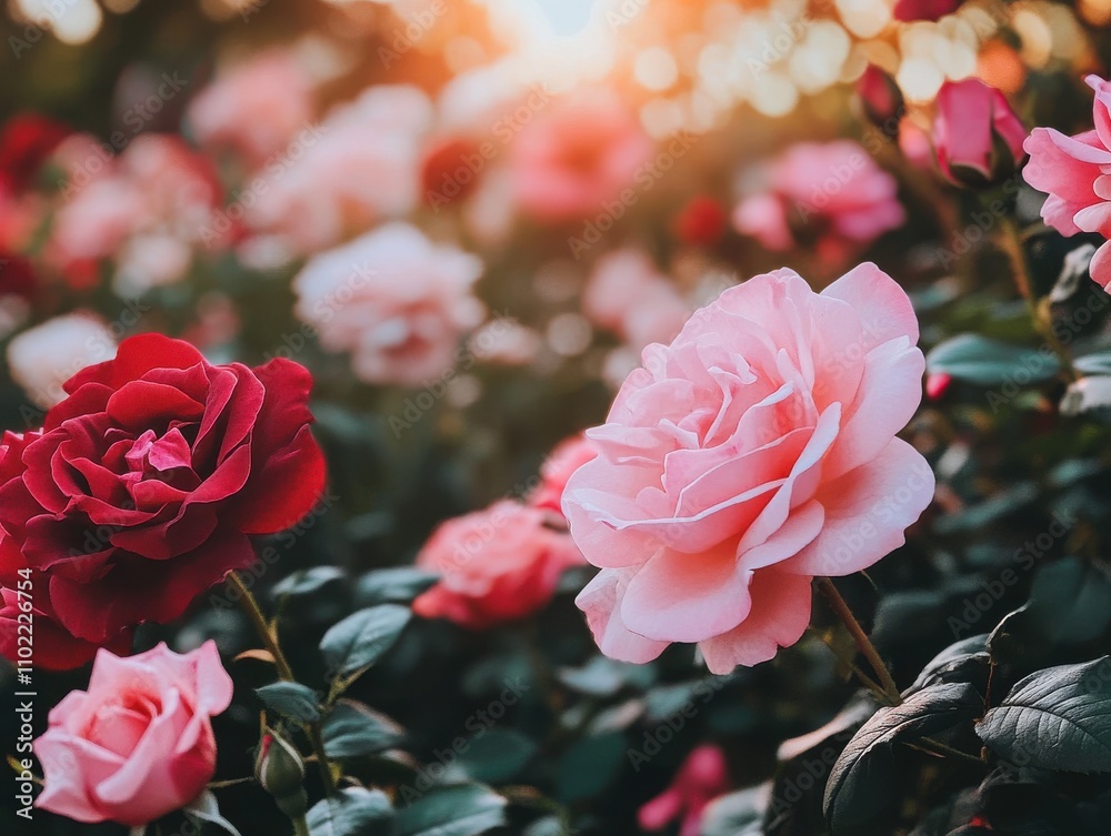 Beautiful Garden at Sunset with Pink and Red Roses in Bloom, Creating a Vibrant and Serene Atmosphere Perfect for Nature Lovers and Flower Enthusiasts Beautiful Garden at Sunset with Pink and Red Roses in Bloom, Creating a Vibrant and Serene Atmosphere Perfect for Nature Lovers and Flower Enthusiasts