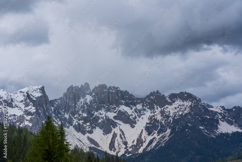 Panoramic view of the Rosengarten group mountain massif in the Dolomites in South Tyrol, Italy. Panoramic view of the Rosengarten group mountain massif in the Dolomites in South Tyrol, Italy.