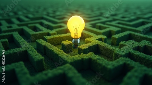 A glowing lightbulb sits at the center of a sprawling, green maze, symbolizing an idea or solution within a complex problem