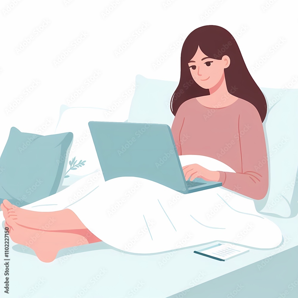 Minimalistic flat style illustration of a woman using a laptop in bed, set against a clean white background. Perfect for remote work, relaxation, and lifestyle-themed designs. Minimalistic flat style illustration of a woman using a laptop in bed, set against a clean white background. Perfect for remote work, relaxation, and lifestyle-themed designs.