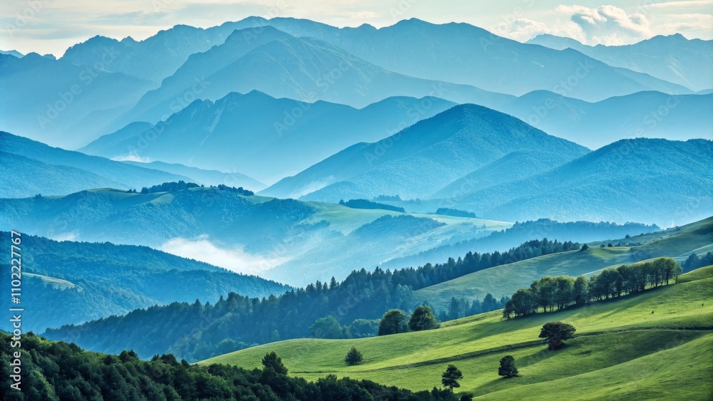 Obraz premium Layered Mountain Landscape with Misty Peaks and Lush Green Hills, Landscape Photography , Mountain Ranges