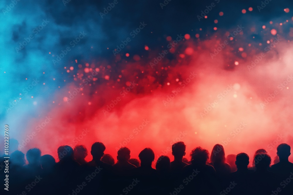 A crowd of people are standing in front of a red and blue background A crowd of people are standing in front of a red and blue background