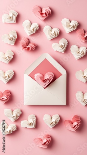 Love letter envelope with paper craft hearts, placed on a pink Valentine's or anniversary background with copy space.