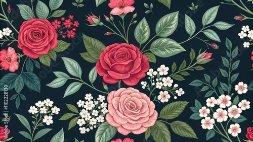 Floral Seamless Pattern with Red and Pink Roses, Green Leaves, and White Flowers on a Dark Background, floral , pattern , seamless , rose