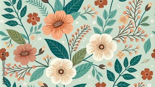 Floral Pattern with White and Orange Flowers on Mint Background, botanical , pattern
