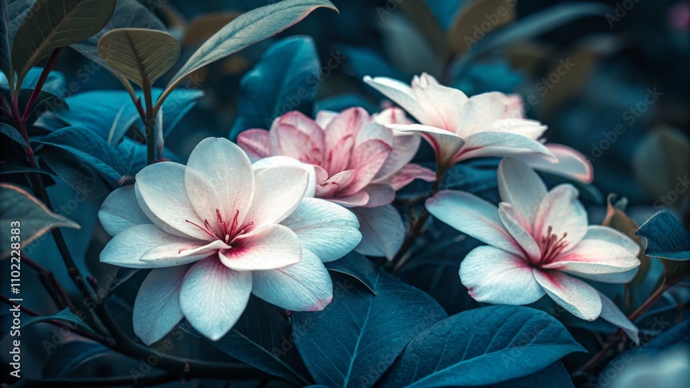 Fototapeta premium Delicate White Flowers with Teal Foliage, Floral Photography, Nature Photography, ,flowers, nature