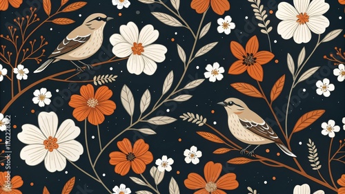 Wallpaper Mural Floral Bird Seamless Pattern with Orange and White Flowers on Dark Background, digital art, pattern design, birds, nature, seamless, flowers Torontodigital.ca