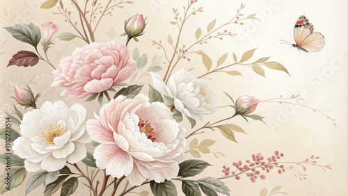 Delicate Watercolor Floral Arrangement with Butterfly, Floral Art, Watercolor Painting