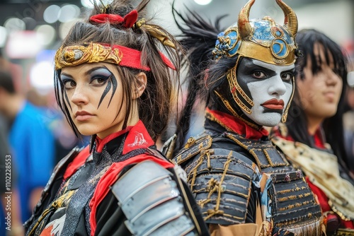 Cosplayers showcase intricate costumes at a vibrant comic convention in an energetic atmosphere