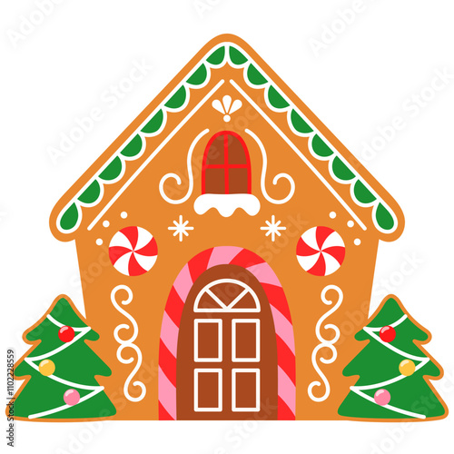 colorful festive gingerbread house and christmas tree illustration