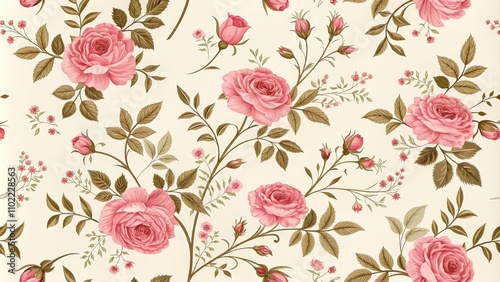 Wallpaper Mural Delicate Pink Roses with Green Leaves on a Cream Background, Seamless Pattern, Floral Design, Wallpaper, Fabric, Rose, Floral Torontodigital.ca