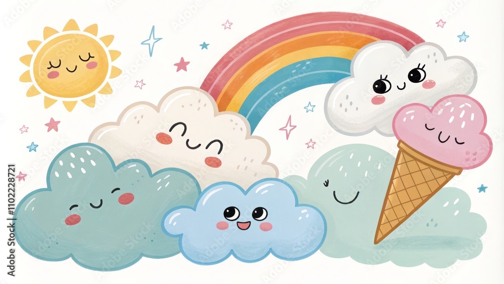 Cute Clouds and Rainbow with Ice Cream, cartoon, illustration, kids Cute Clouds and Rainbow with Ice Cream, cartoon, illustration, kids