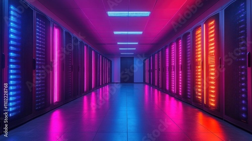 A long corridor lined with server racks, illuminated by neon lights. The colorful lights reflect on the floor.