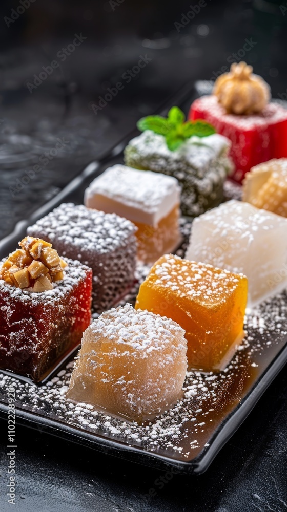 A plate of assorted desserts with powdered sugar on top A plate of assorted desserts with powdered sugar on top