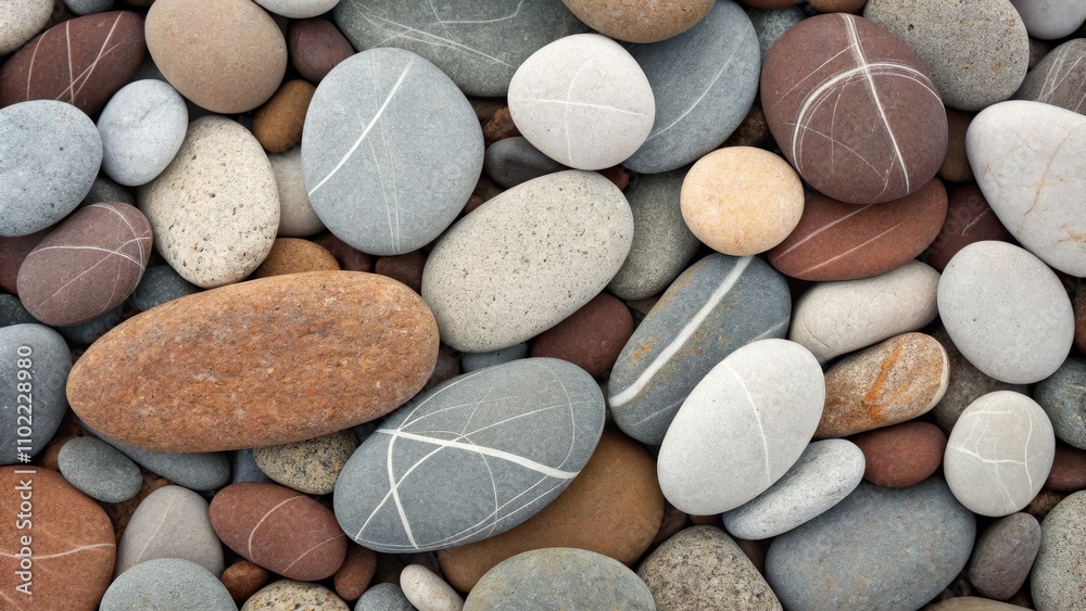 Closeup of Smooth Stones with White Veins, Beach Rocks, Nature Texture, Sea Stones, Nature Closeup of Smooth Stones with White Veins, Beach Rocks, Nature Texture, Sea Stones, Nature