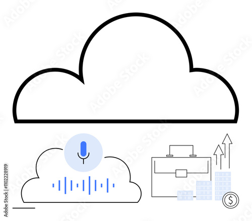 Cloud with voice command icon, briefcase with rising graph, financial growth icons. Ideal for cloud computing, data storage, voice technology, business analytics, finance, tech innovation