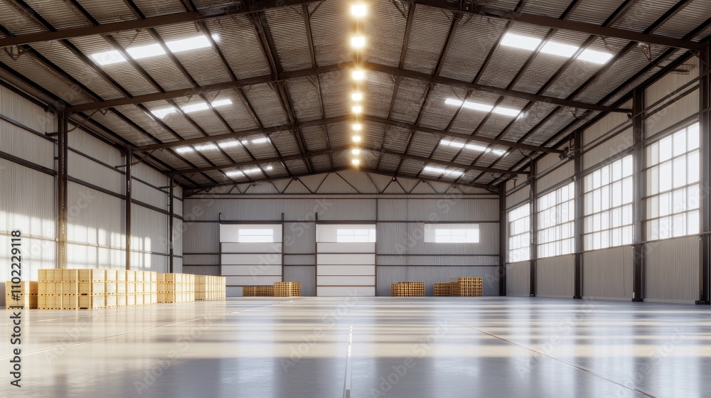 Fototapeta premium Spacious and Well-Lit Industrial Warehouse Interior