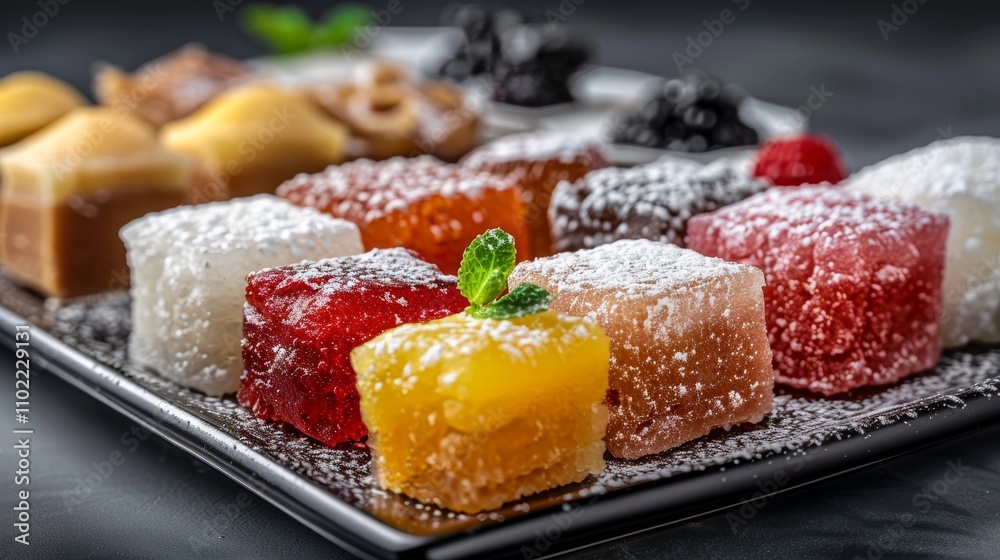A plate of assorted candies with a green leaf on top A plate of assorted candies with a green leaf on top