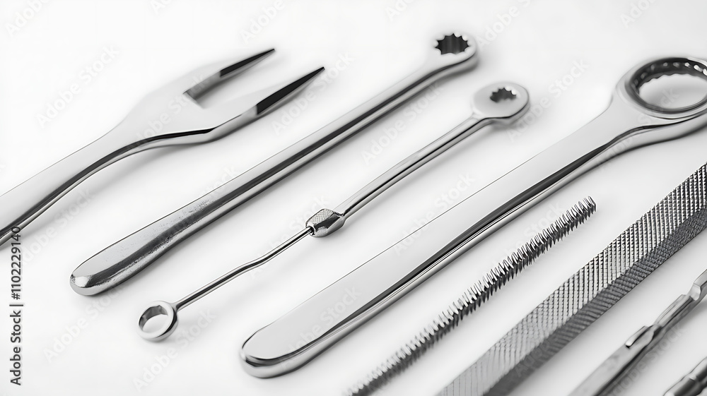 A close-up of a set of locksmith tools arranged neatly on a white background, including picks, tension wrenches, and a rake, showing the polished metal and precise design A close-up of a set of locksmith tools arranged neatly on a white background, including picks, tension wrenches, and a rake, showing the polished metal and precise design