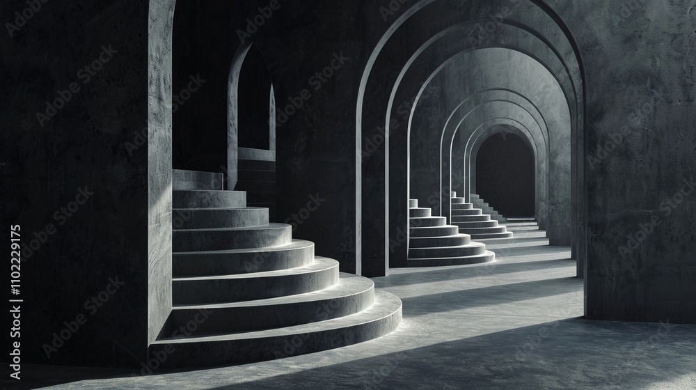 Minimalist archways and staircases in dim light image. Monochrome architectural stairs arches photography scene wallpaper. Surreal perspective. Optical illusion concept photorealistic Minimalist archways and staircases in dim light image. Monochrome architectural stairs arches photography scene wallpaper. Surreal perspective. Optical illusion concept photorealistic