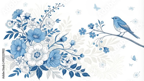Blue Floral Illustration with Bird and Butterflies, floral , illustration