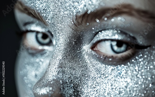 A woman with silver face paint and blue eyes