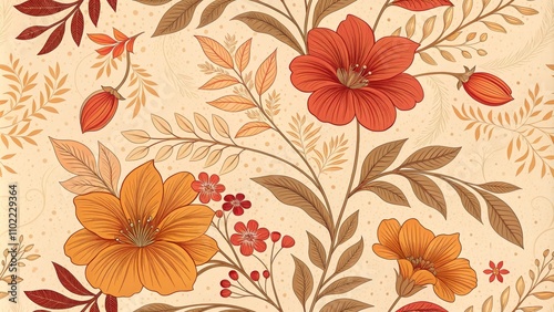 Wallpaper Mural Autumn Floral Seamless Pattern - Beige Background, Orange and Red Flowers, Nature Inspired Design, Floral Pattern, Seamless Pattern, Digital Art, Botanical Illustration Torontodigital.ca