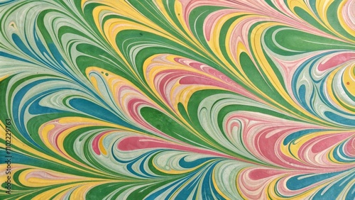 Abstract Swirling Pattern in Green, Yellow, and Pink, Ebru, Marbling Art