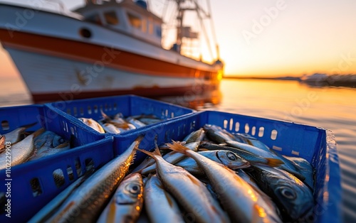 A vibrant sunset scene featuring baskets filled with freshly caught fish, with a fishing boat in the background, reflecting the beauty of maritime life. photo