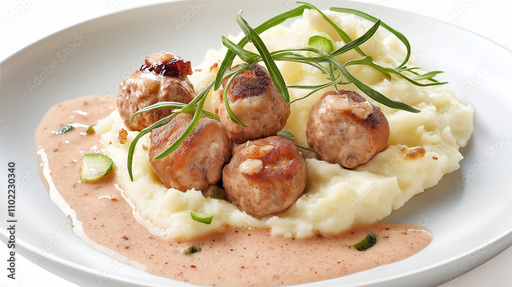 Tender meatballs drizzled with creamy sauce served on a bed of mashed potatoes Tender meatballs drizzled with creamy sauce served on a bed of mashed potatoes