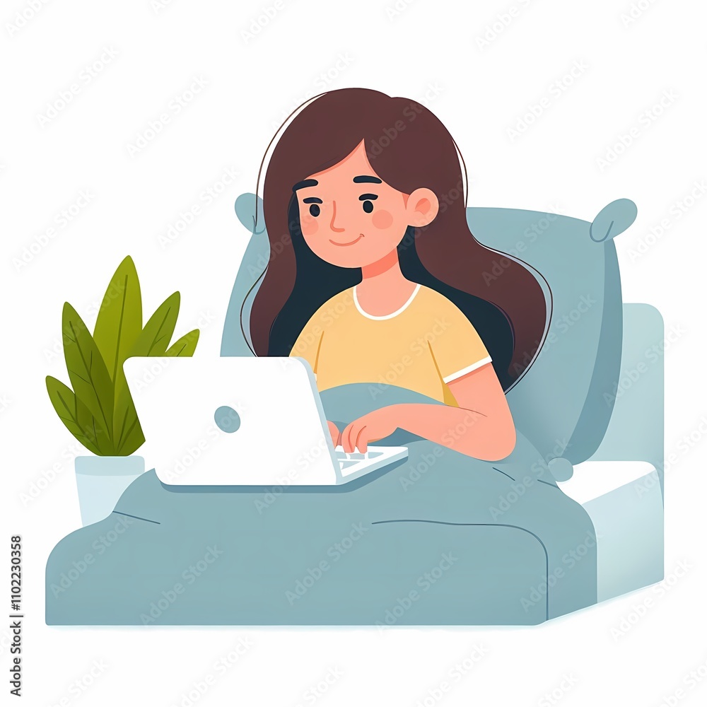 Minimalistic flat style illustration of a woman using a laptop in bed, set against a clean white background. Perfect for remote work, relaxation, and lifestyle-themed designs. Minimalistic flat style illustration of a woman using a laptop in bed, set against a clean white background. Perfect for remote work, relaxation, and lifestyle-themed designs.
