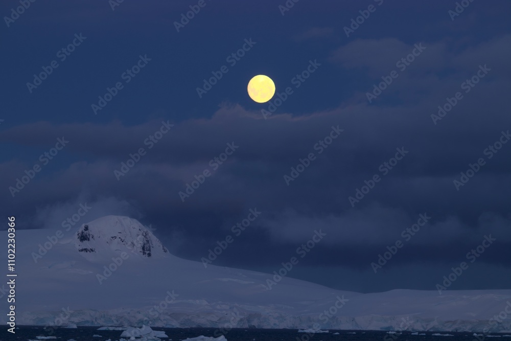 Fototapeta premium A remote, untouched corner of Antarctica, where the land is a canvas of snow and ice. The stillness of the icy landscape is broken only by the occasional silhouette of a distant iceberg.
