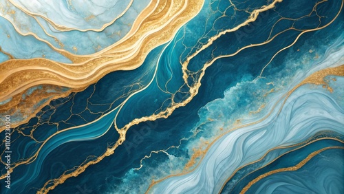 Abstract Blue and Gold Swirling Marble Art, Liquid Art, Fluid Art