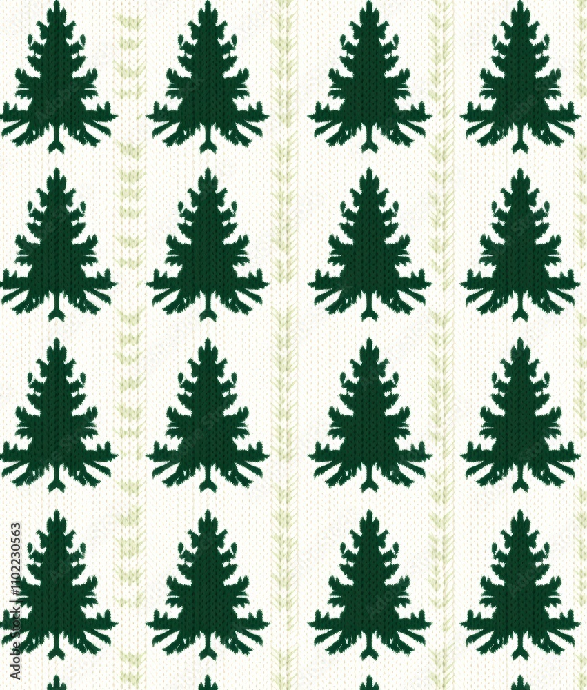 Obraz premium knitted green christmas tree pattern on a festive holiday fabric